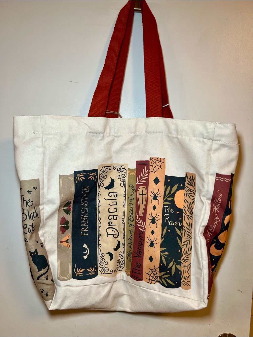 Halloween Spooky Books Canvas Tote Bag Frankenstein Dracula Raven Black Cat - Picture 7 of 11
